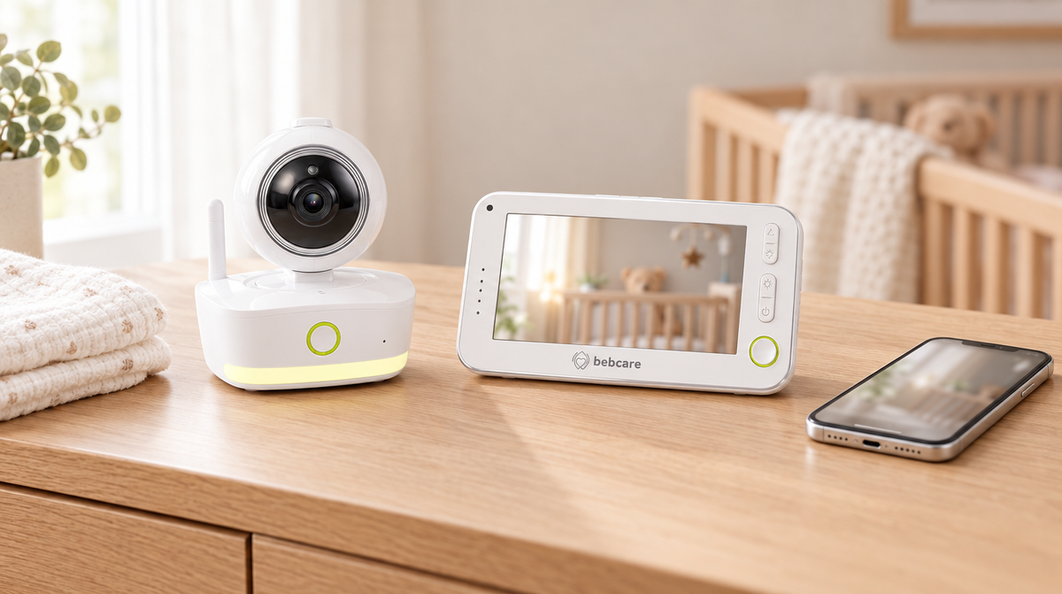 Bebcare Motion parent unit and camera on a dresser, next to a phone.
