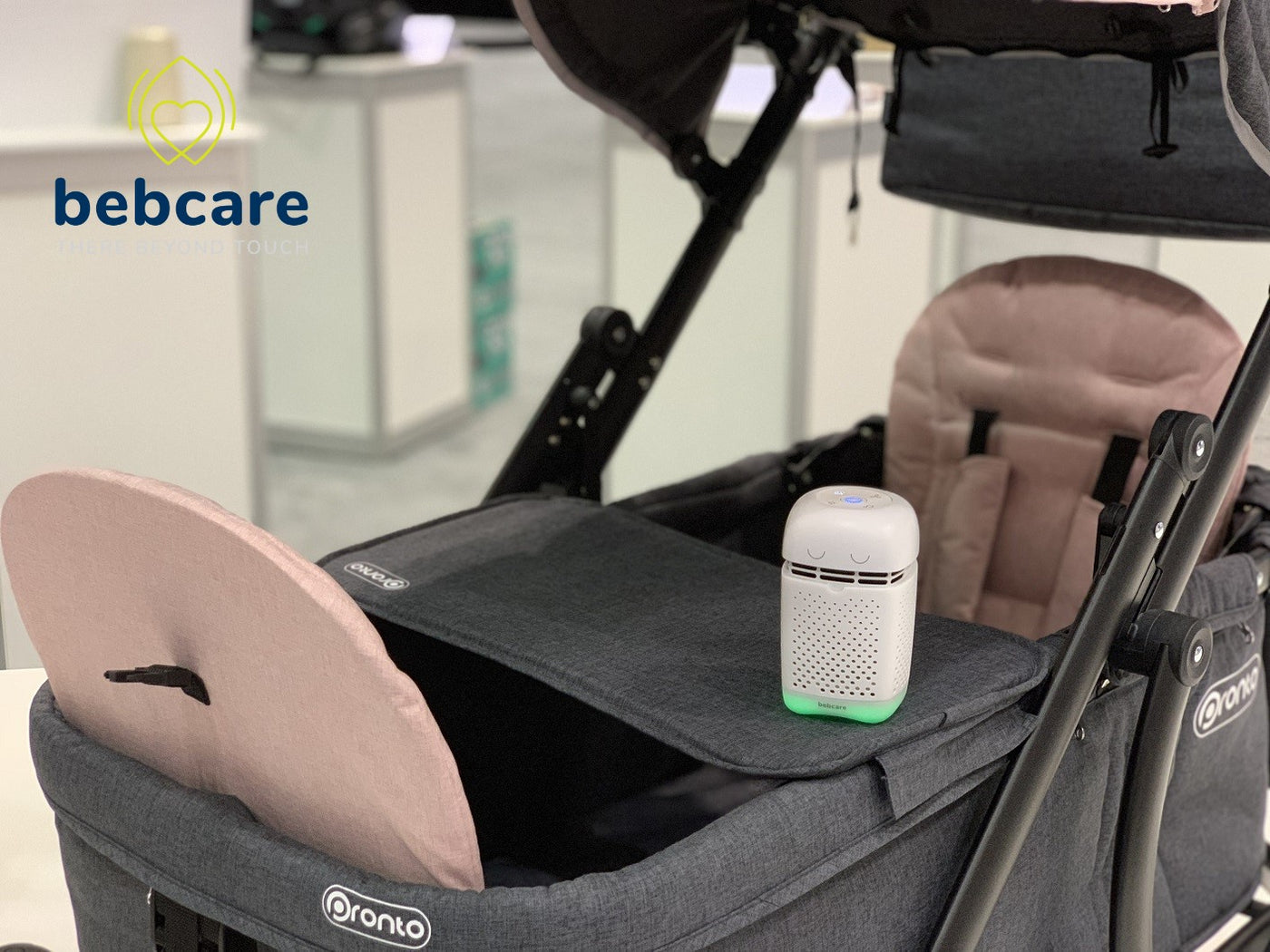The Bebcare Air can be mounted in the stroller to protect your baby on-the-go